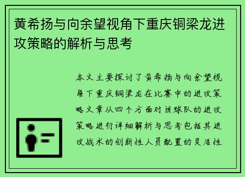 黄希扬与向余望视角下重庆铜梁龙进攻策略的解析与思考
