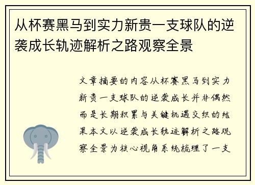 从杯赛黑马到实力新贵一支球队的逆袭成长轨迹解析之路观察全景